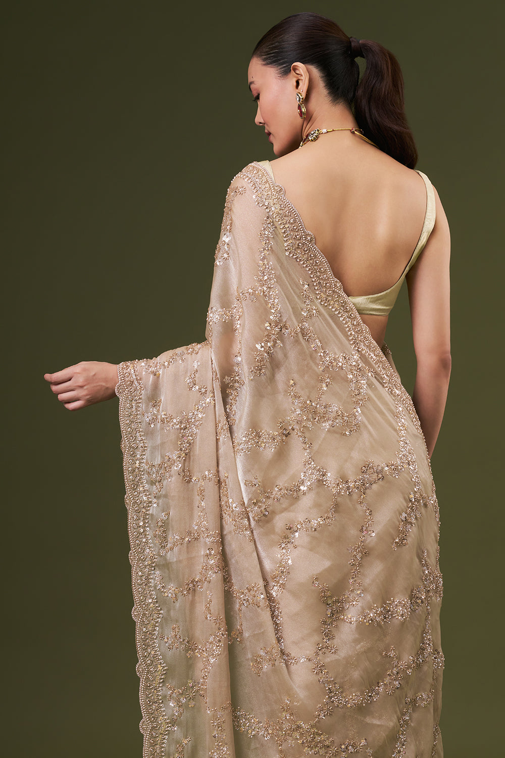 Sand Golden Organza Embroidered Saree with Sequin and Pearl Work