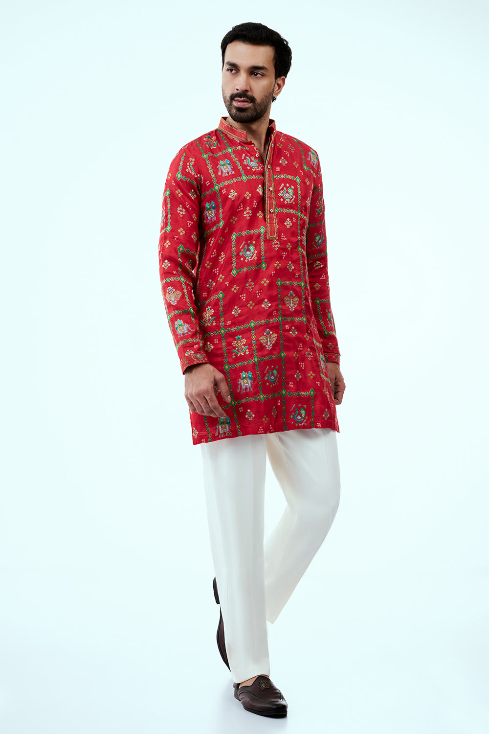 Scarlet Red Art Silk Patola Design Mens Kurta Set