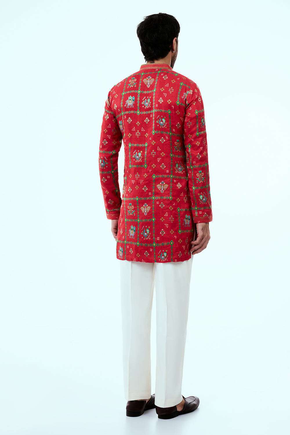 Scarlet Red Art Silk Patola Design Mens Kurta Set