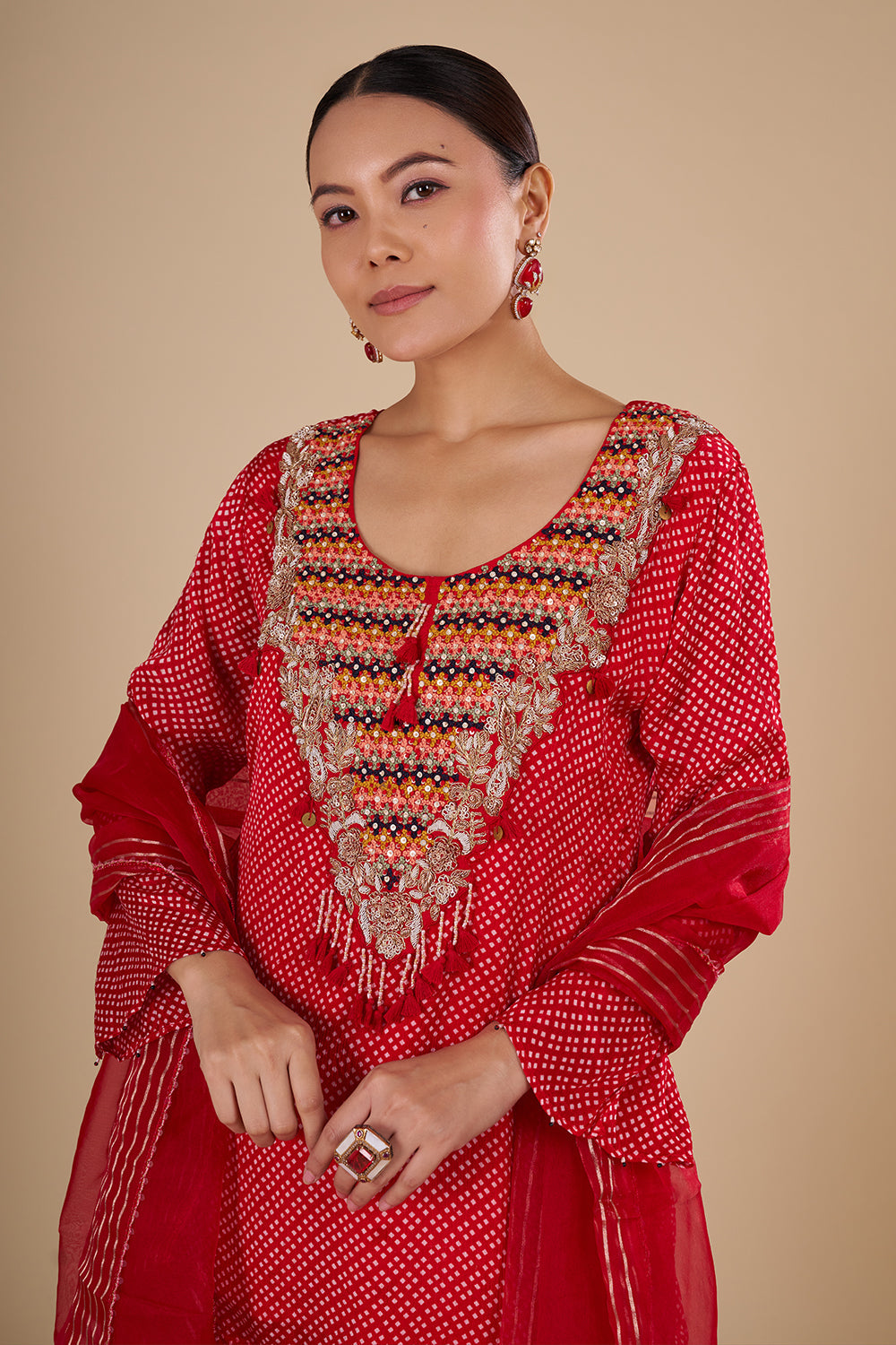 Classic Bandhej Polka Dots Scarlet Red Cotton Silk Kurta Set with Tassle Accents