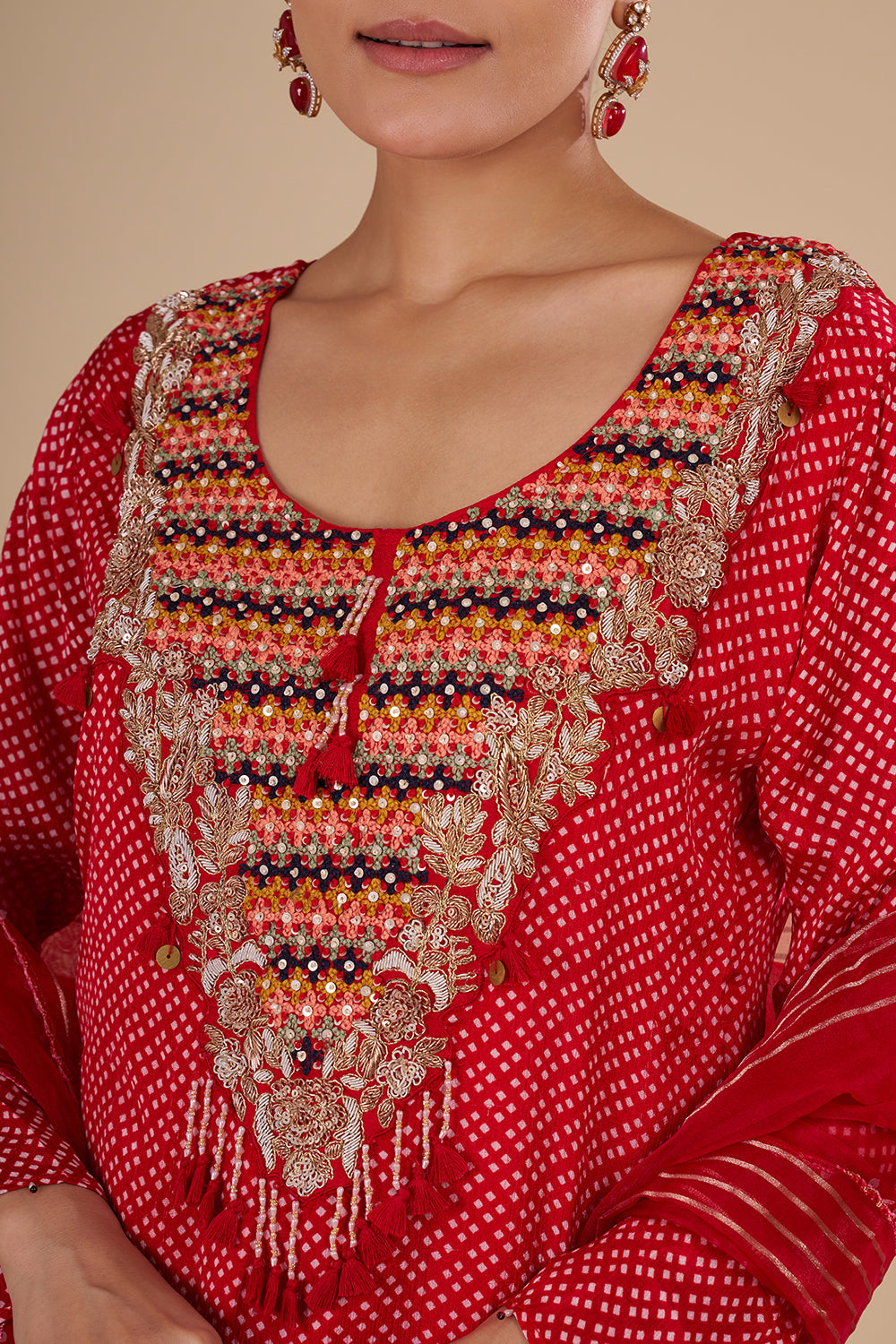 Classic Bandhej Polka Dots Scarlet Red Cotton Silk Kurta Set with Tassle Accents