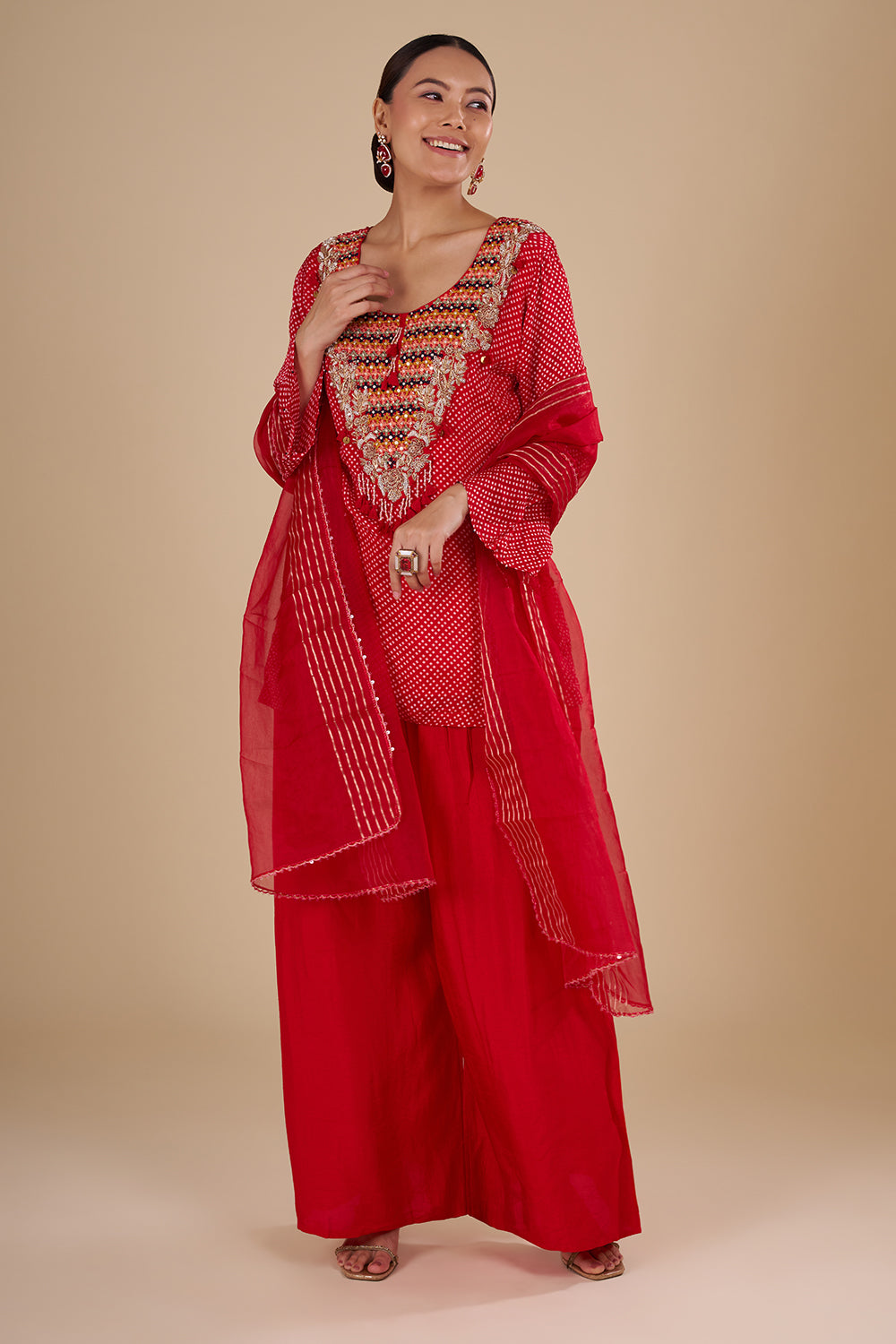 Classic Bandhej Polka Dots Scarlet Red Cotton Silk Kurta Set with Tassle Accents
