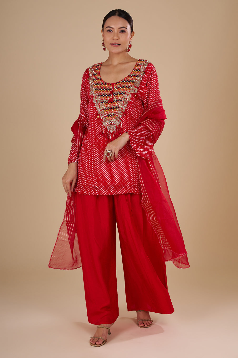 Classic Bandhej Polka Dots Scarlet Red Cotton Silk Kurta Set with Tassle Accents