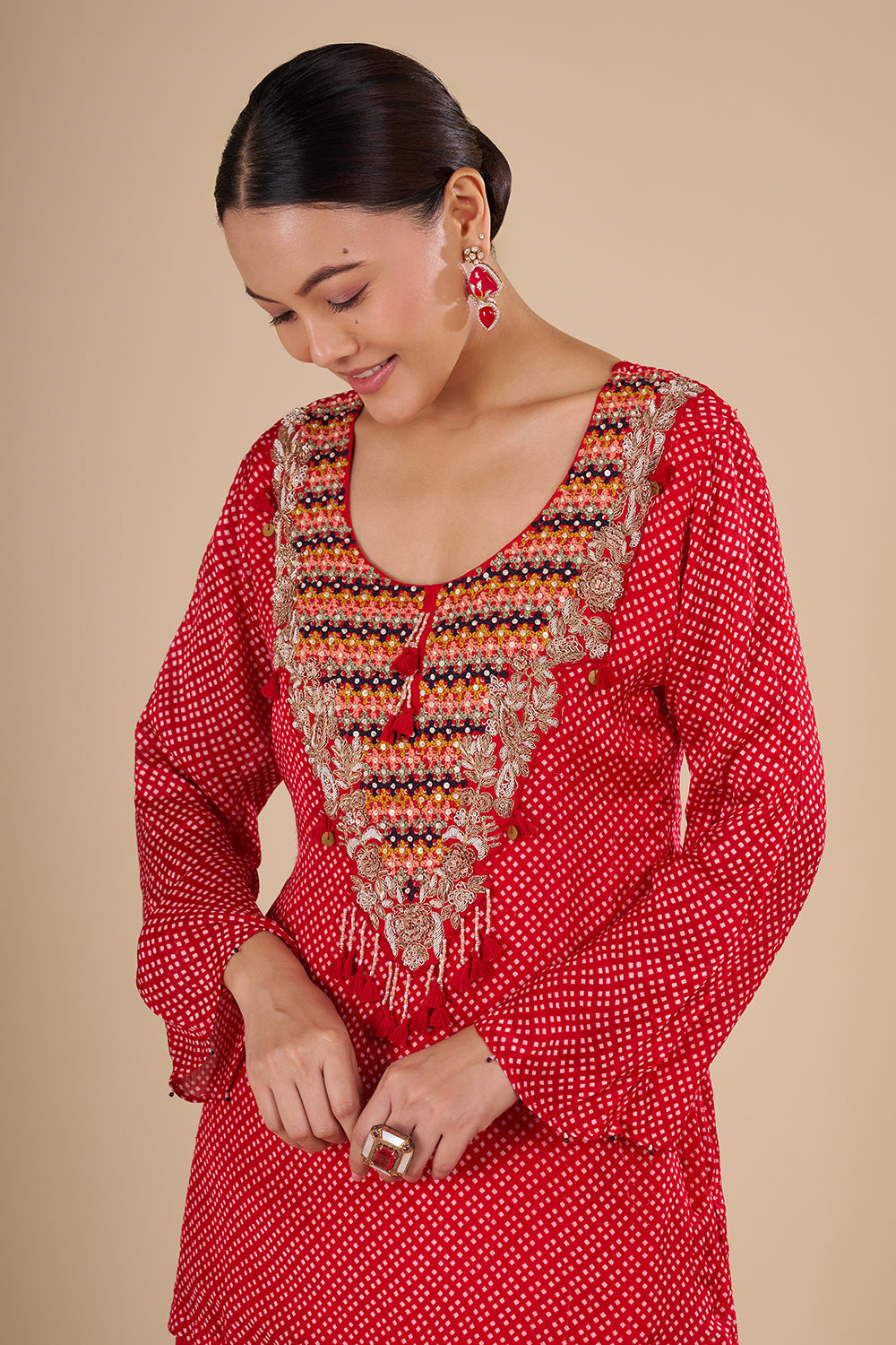 Classic Bandhej Polka Dots Scarlet Red Cotton Silk Kurta Set with Tassle Accents