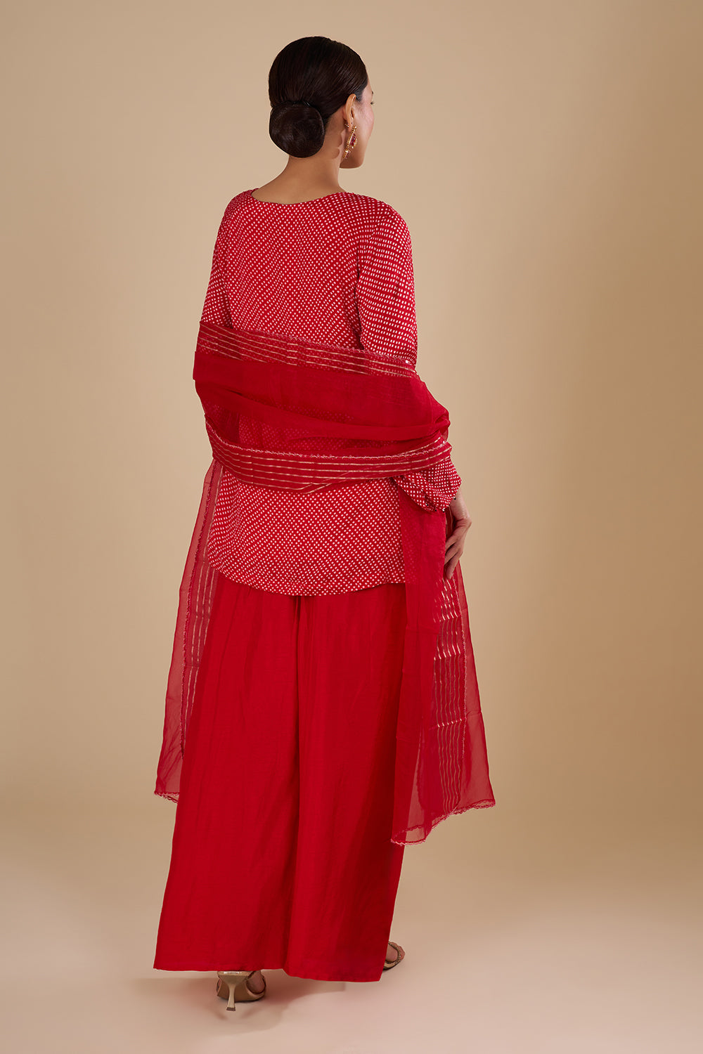 Classic Bandhej Polka Dots Scarlet Red Cotton Silk Kurta Set with Tassle Accents