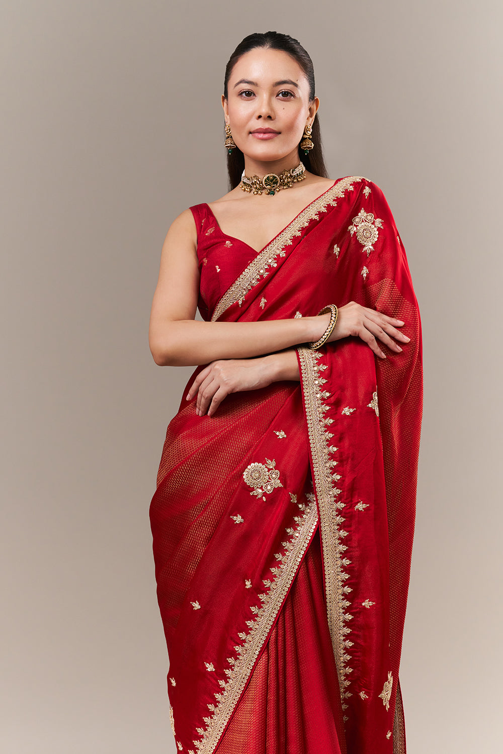 Scarlet Red Tissue Silk Jacquard Saree with Zari and Sequin Work