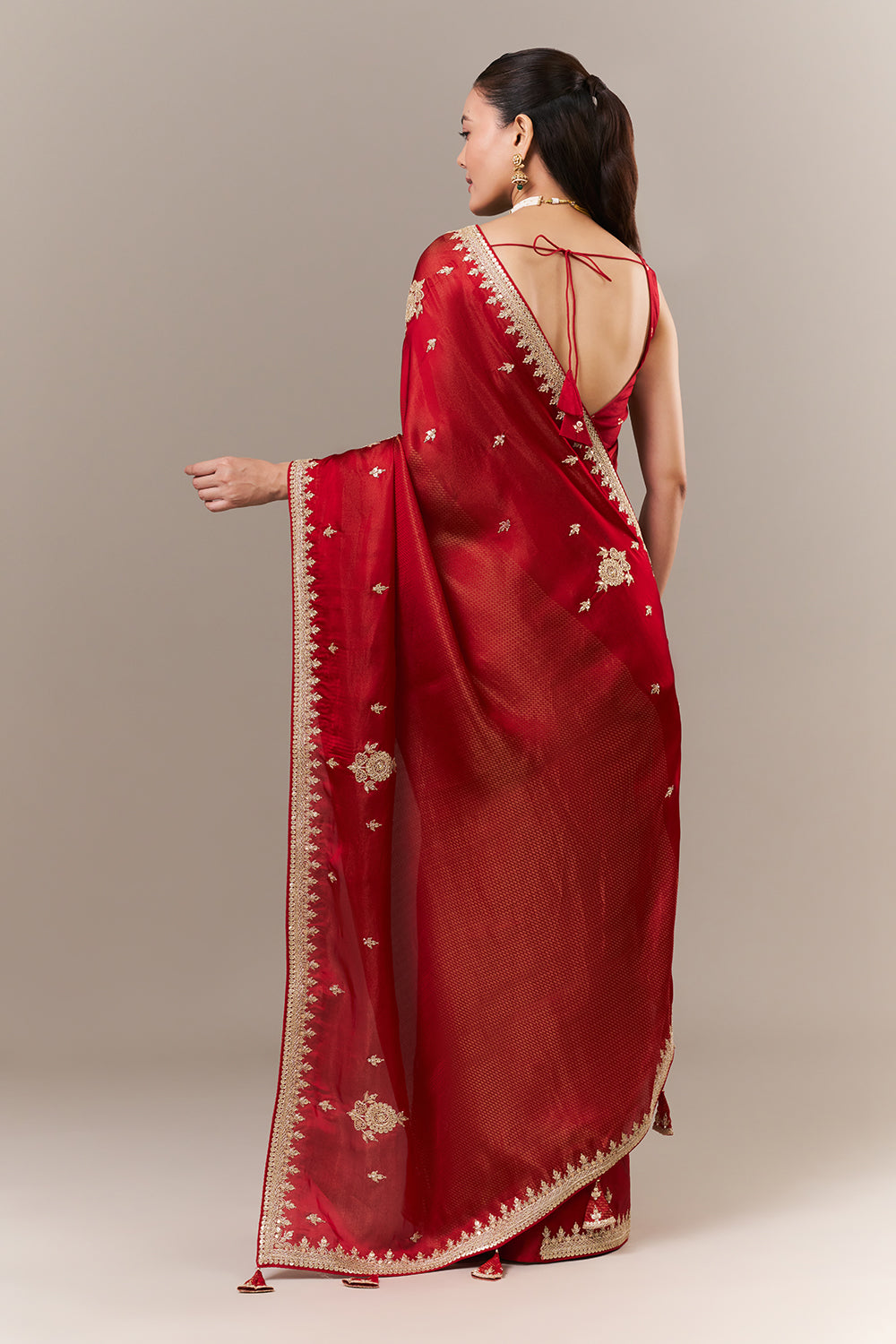 Scarlet Red Tissue Silk Jacquard Saree with Zari and Sequin Work
