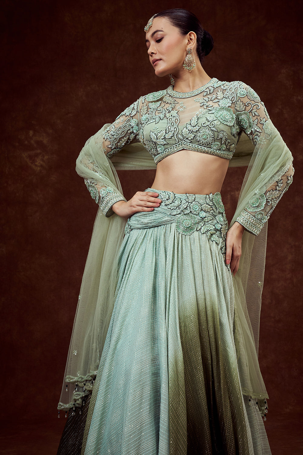 Sea Green Chanderi Bridesmaid Lehenga with Embroidered Blouse