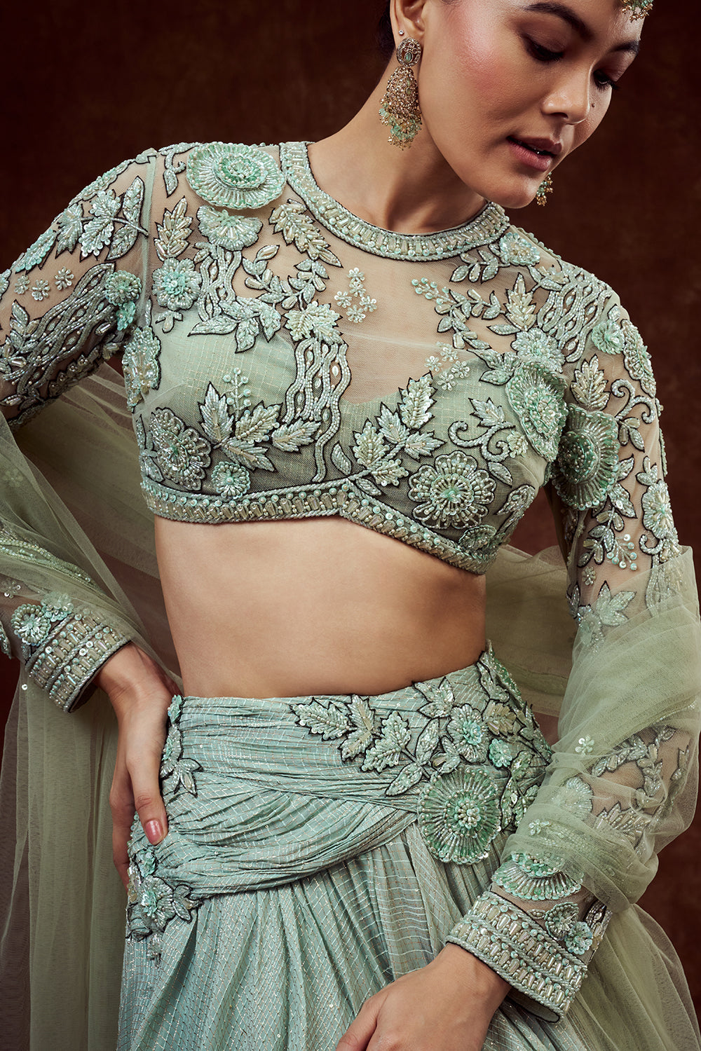 Sea Green Chanderi Bridesmaid Lehenga with Embroidered Blouse