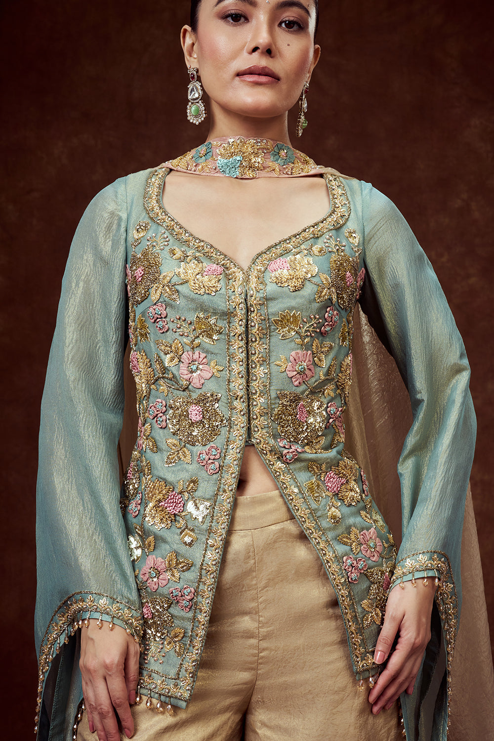 Sea Green Embroidered Longline Jacket with Golden Palazzo Pants