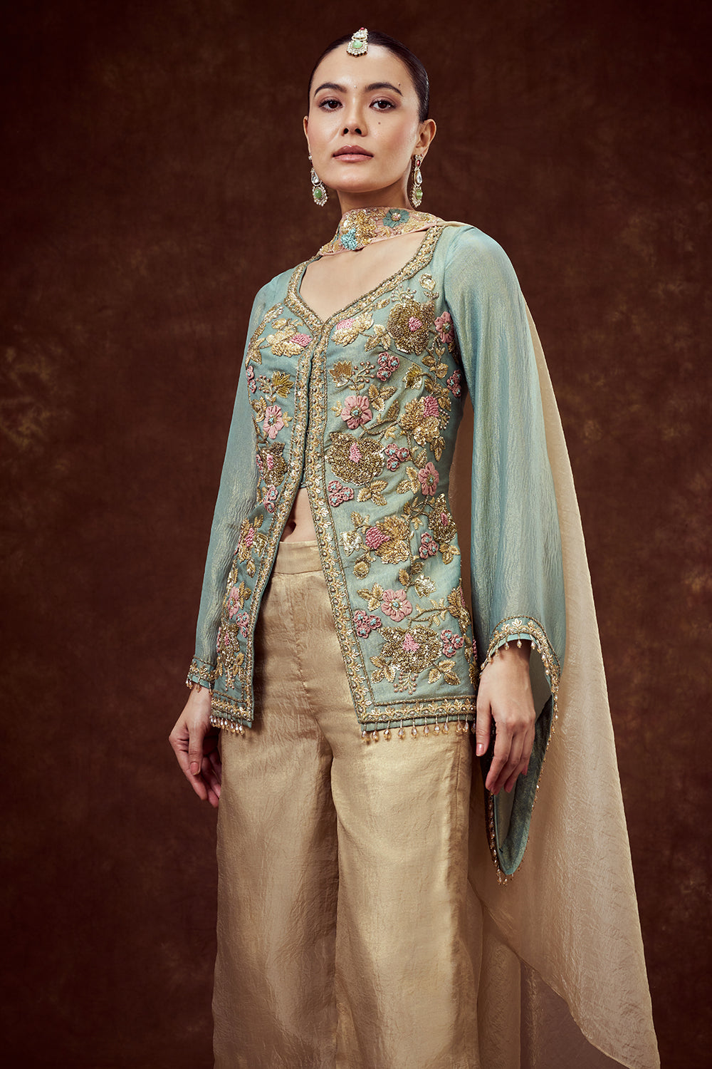 Sea Green Embroidered Longline Jacket with Golden Palazzo Pants