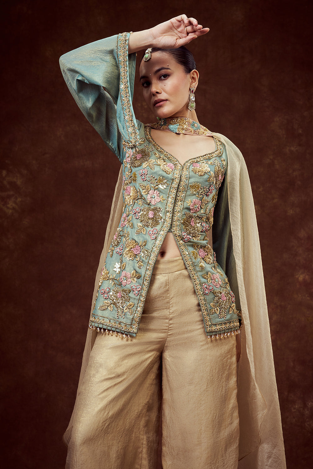 Sea Green Embroidered Longline Jacket with Golden Palazzo Pants