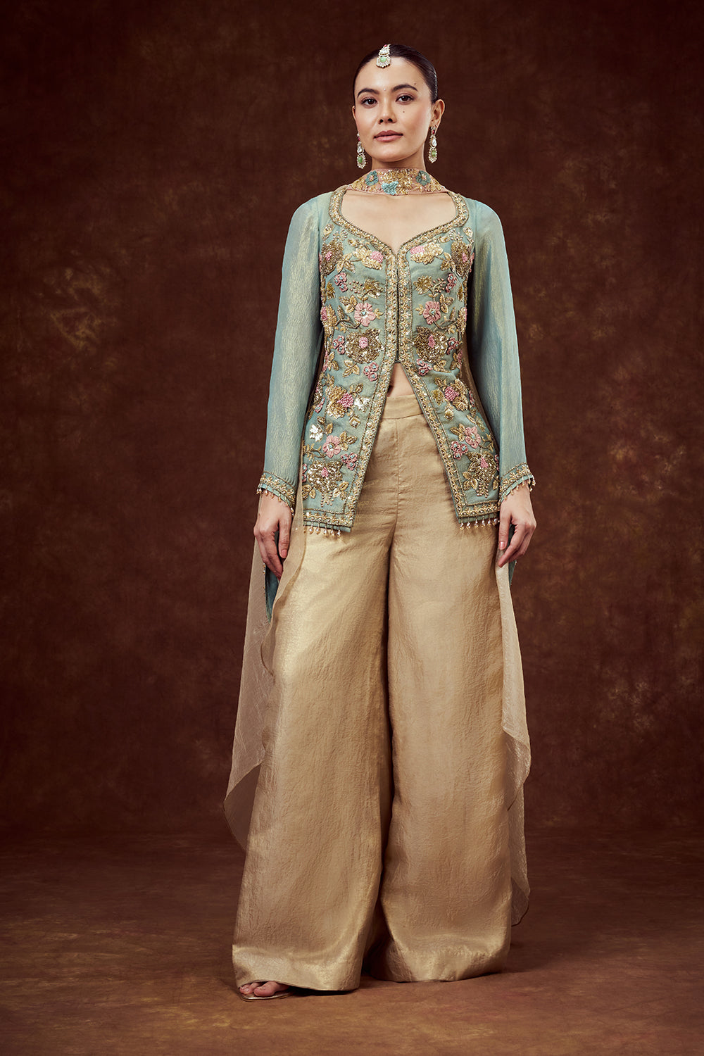 Sea Green Embroidered Longline Jacket with Golden Palazzo Pants