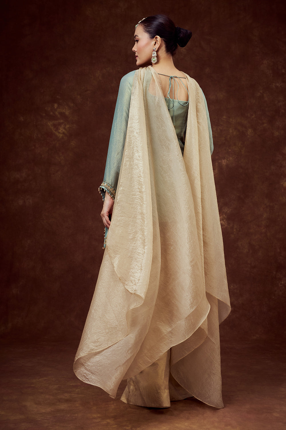 Sea Green Embroidered Longline Jacket with Golden Palazzo Pants
