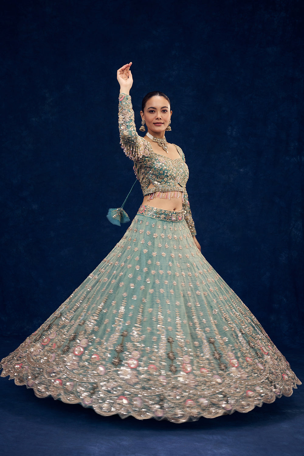 Sea Green Tissue Lehenga with Resham and Cutdana Hand Work