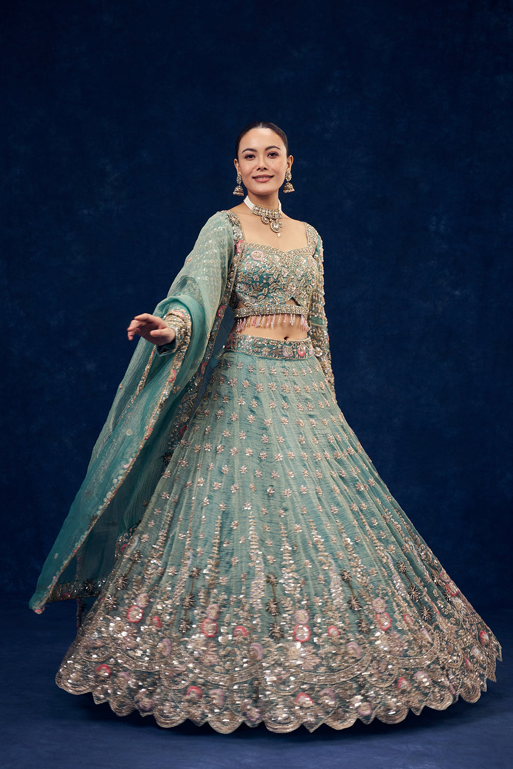 Sea Green Tissue Lehenga with Resham and Cutdana Hand Work
