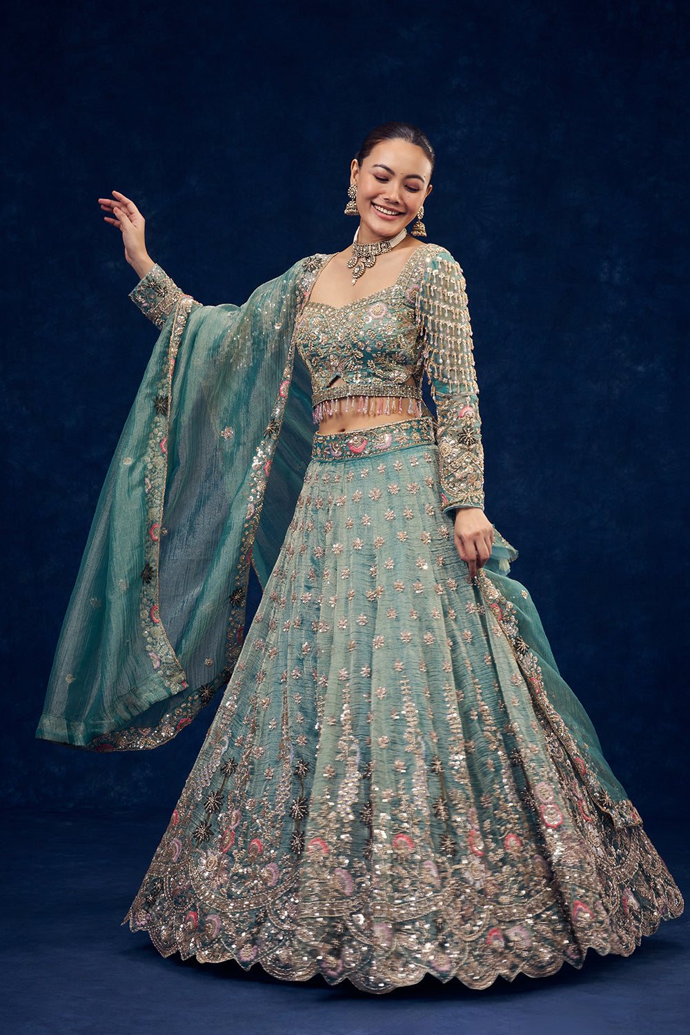 Sea Green Tissue Lehenga with Resham and Cutdana Hand Work