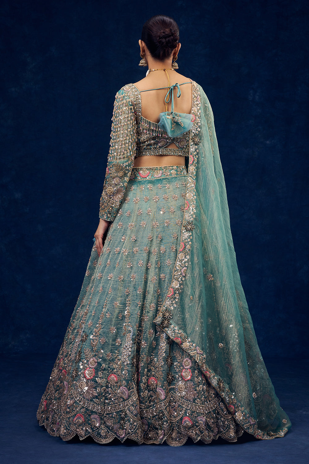 Sea Green Tissue Lehenga with Resham and Cutdana Hand Work