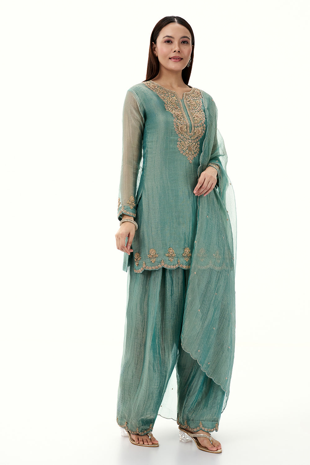 Sea Green Tissue Suit with Zardosi and Zari Work