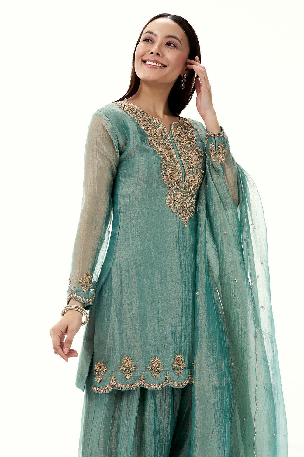 Sea Green Tissue Suit with Zardosi and Zari Work
