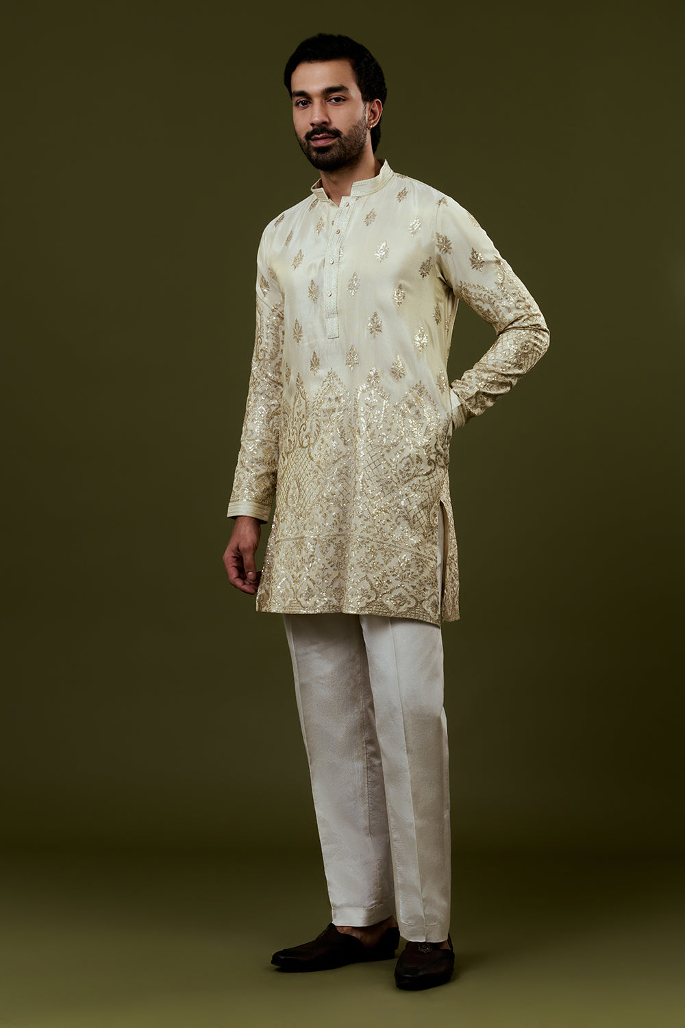Shiny Cream Shimmer Soft Tissue Mens Kurta Set with Sequins Threadwork