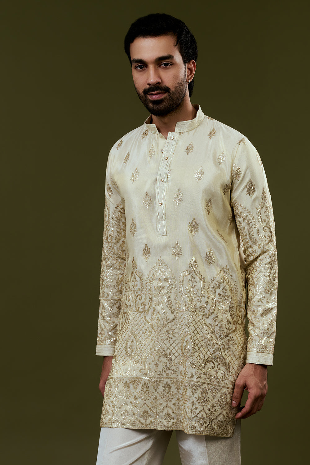 Shiny Cream Shimmer Soft Tissue Mens Kurta Set with Sequins Threadwork
