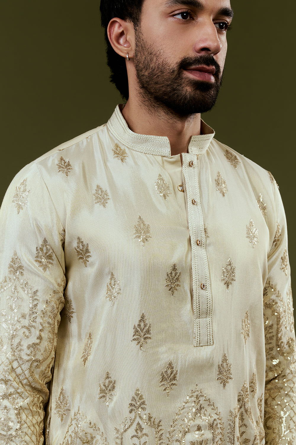 Shiny Cream Shimmer Soft Tissue Mens Kurta Set with Sequins Threadwork