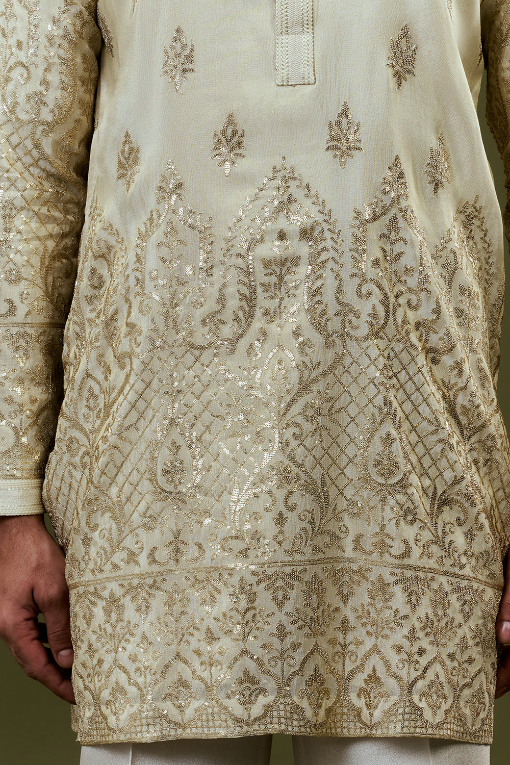 Shiny Cream Shimmer Soft Tissue Mens Kurta Set with Sequins Threadwork