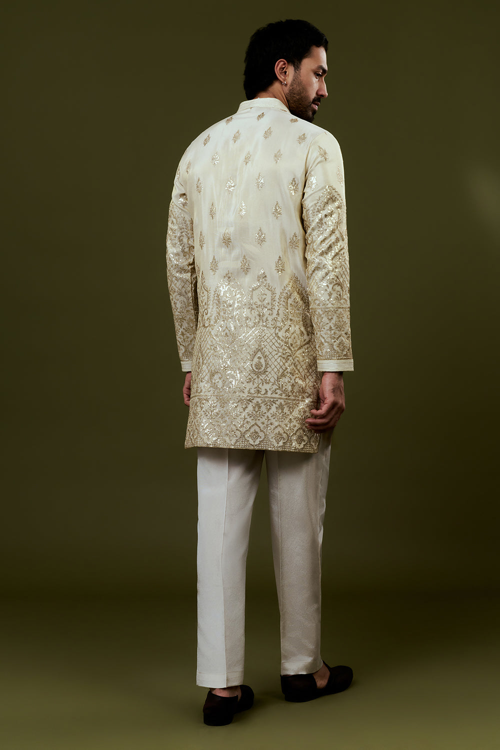 Shiny Cream Shimmer Soft Tissue Mens Kurta Set with Sequins Threadwork
