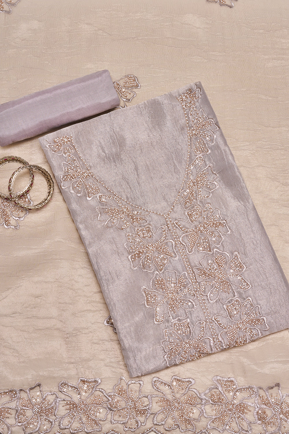 Silver Grey Floral Embroidered Unstitched Suit Set