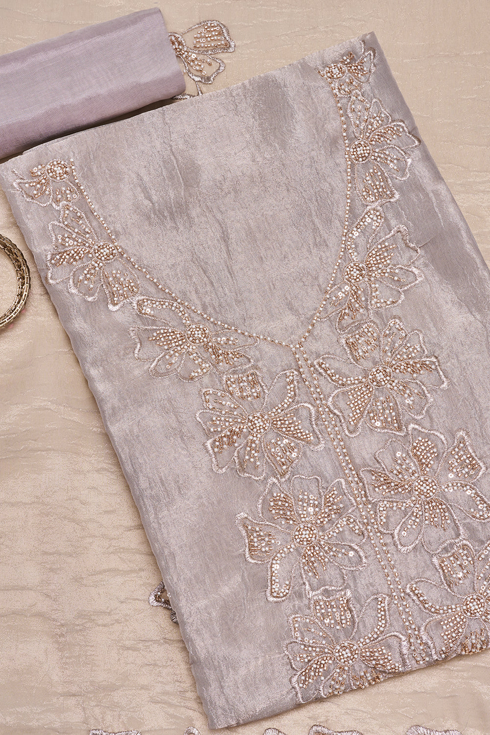 Silver Grey Floral Embroidered Unstitched Suit Set