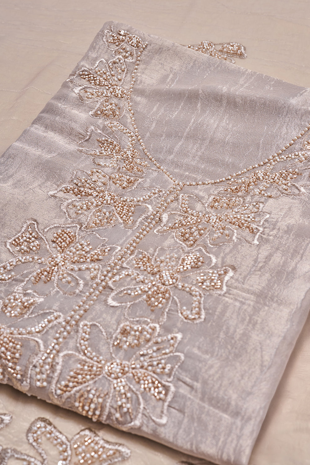 Silver Grey Floral Embroidered Unstitched Suit Set