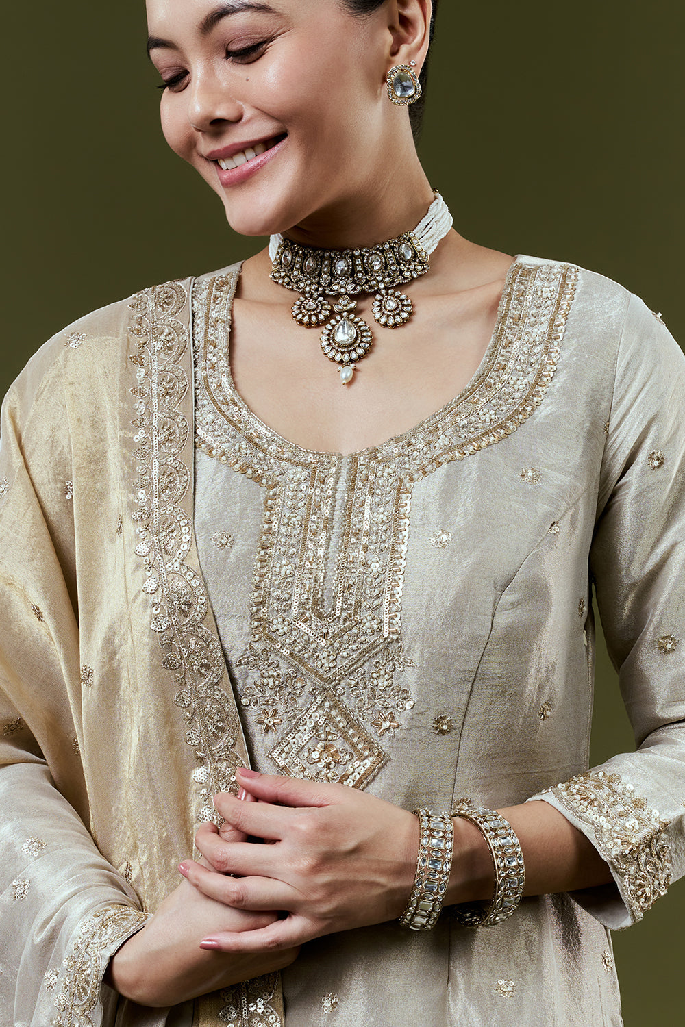 Silver Grey Shimmer Tissue Palazzo Set with Sequin and Cutdana Work