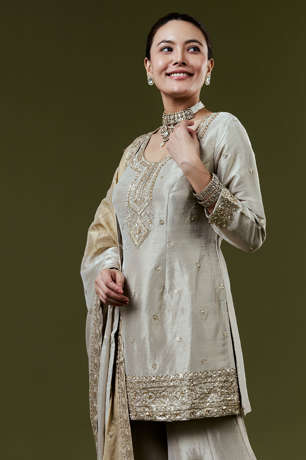 Silver Grey Shimmer Tissue Palazzo Set with Sequin and Cutdana Work