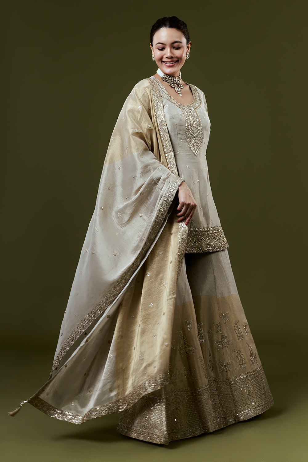 Silver Grey Shimmer Tissue Palazzo Set with Sequin and Cutdana Work