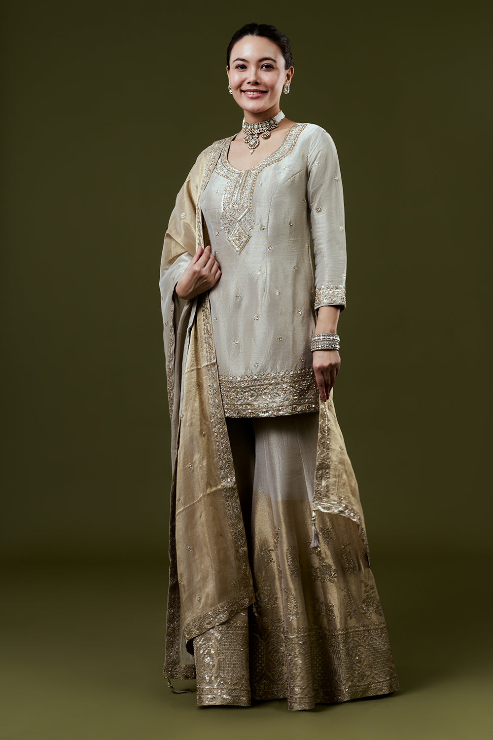 Silver Grey Shimmer Tissue Palazzo Set with Sequin and Cutdana Work