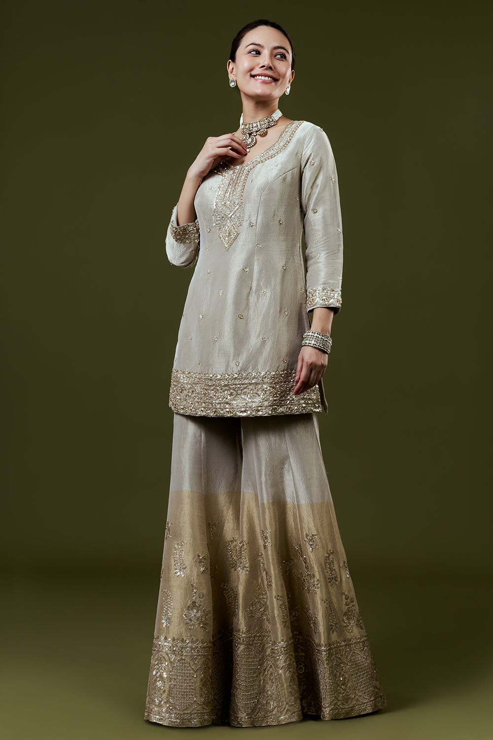 Silver Grey Shimmer Tissue Palazzo Set with Sequin and Cutdana Work