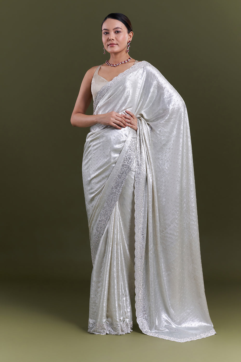 Silver Shimmer Satin Saree with Diamond Work