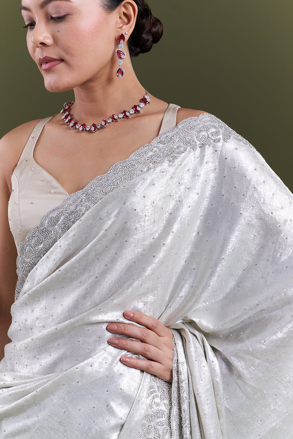 Silver Shimmer Satin Saree with Diamond Work