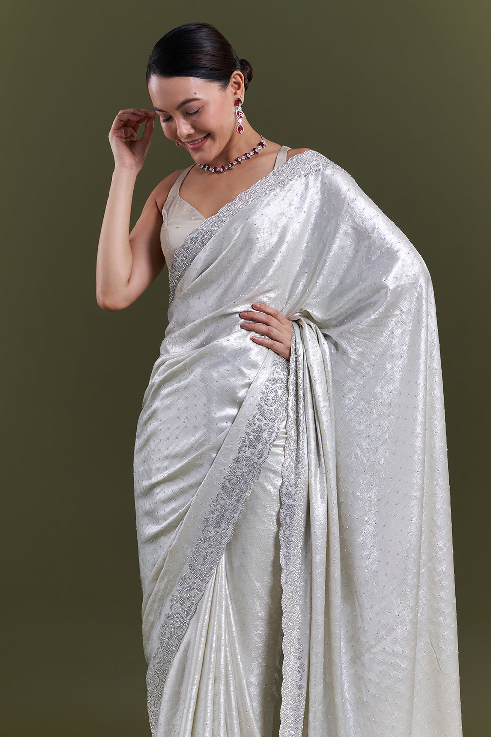 Silver Shimmer Satin Saree with Diamond Work