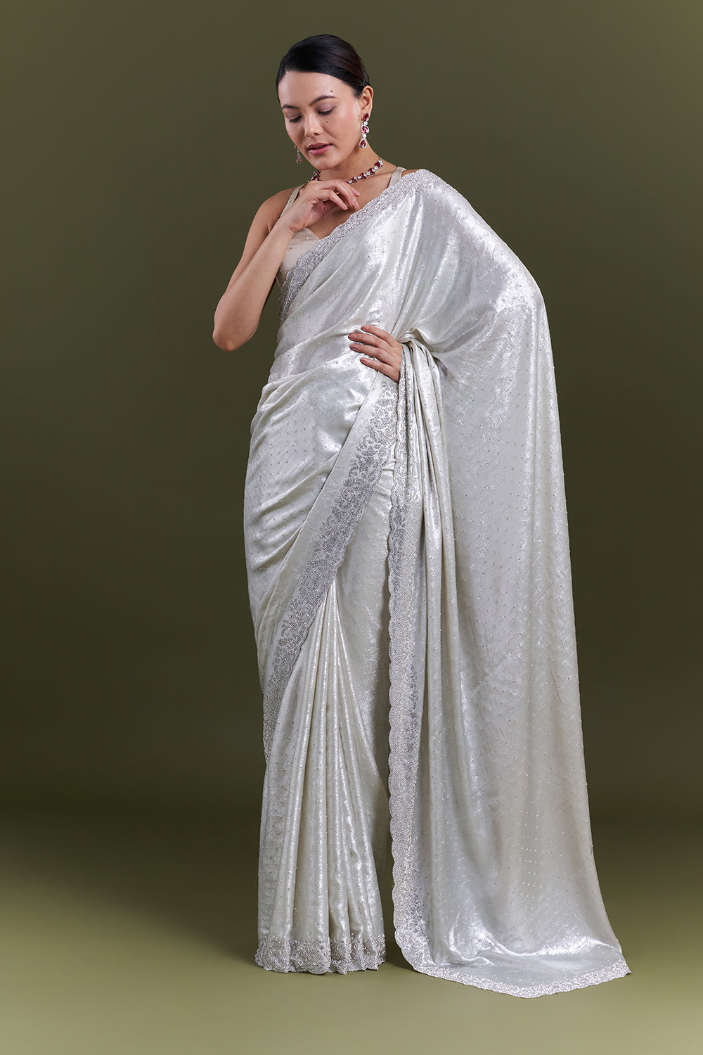 Silver Shimmer Satin Saree with Diamond Work