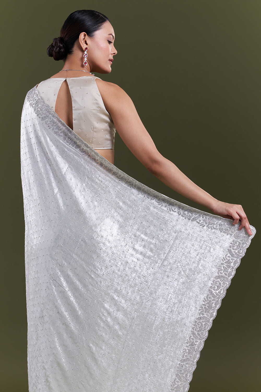 Silver Shimmer Satin Saree with Diamond Work