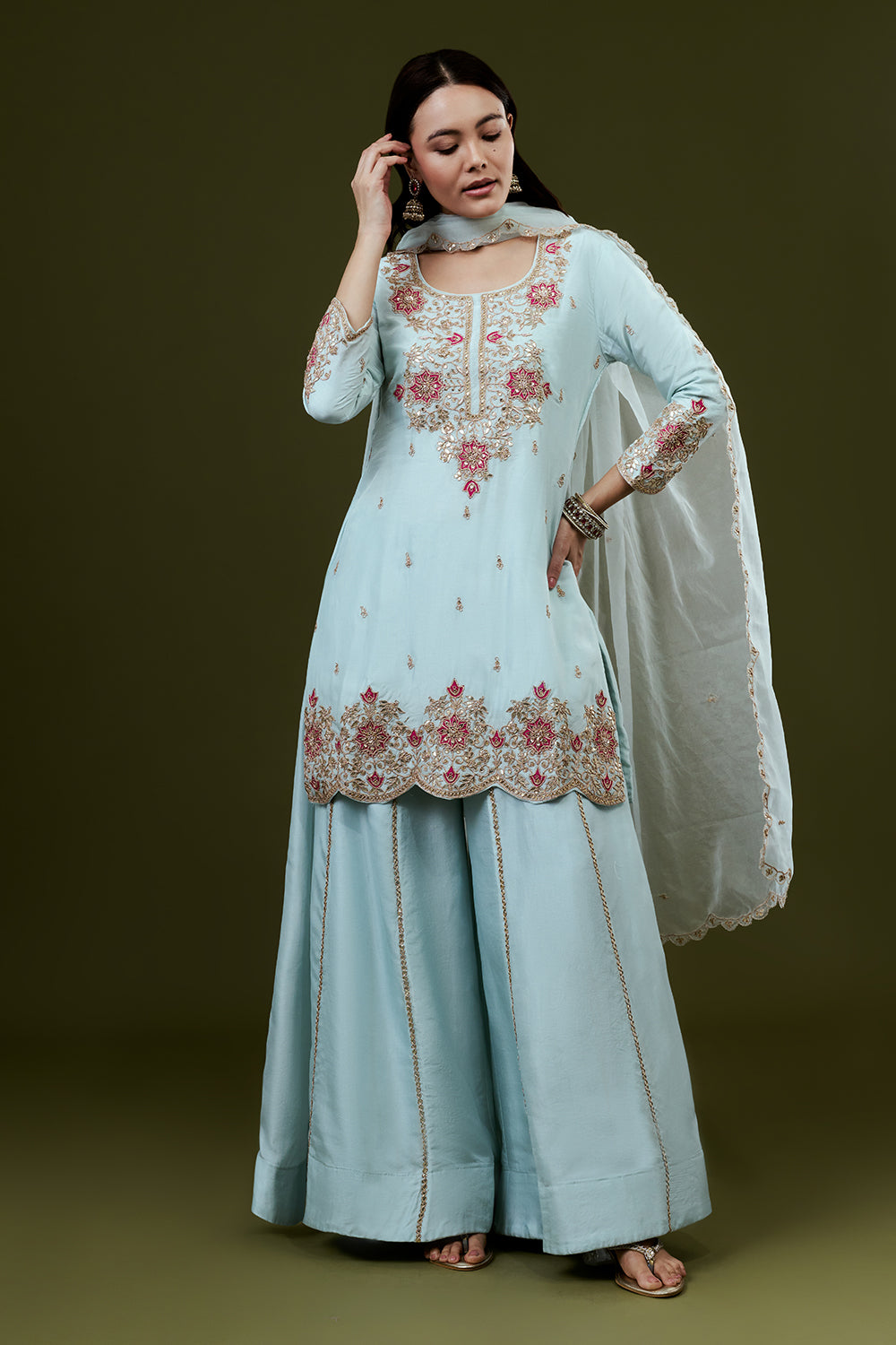 Sky Blue Art Silk Suit Set with Zardosi Work