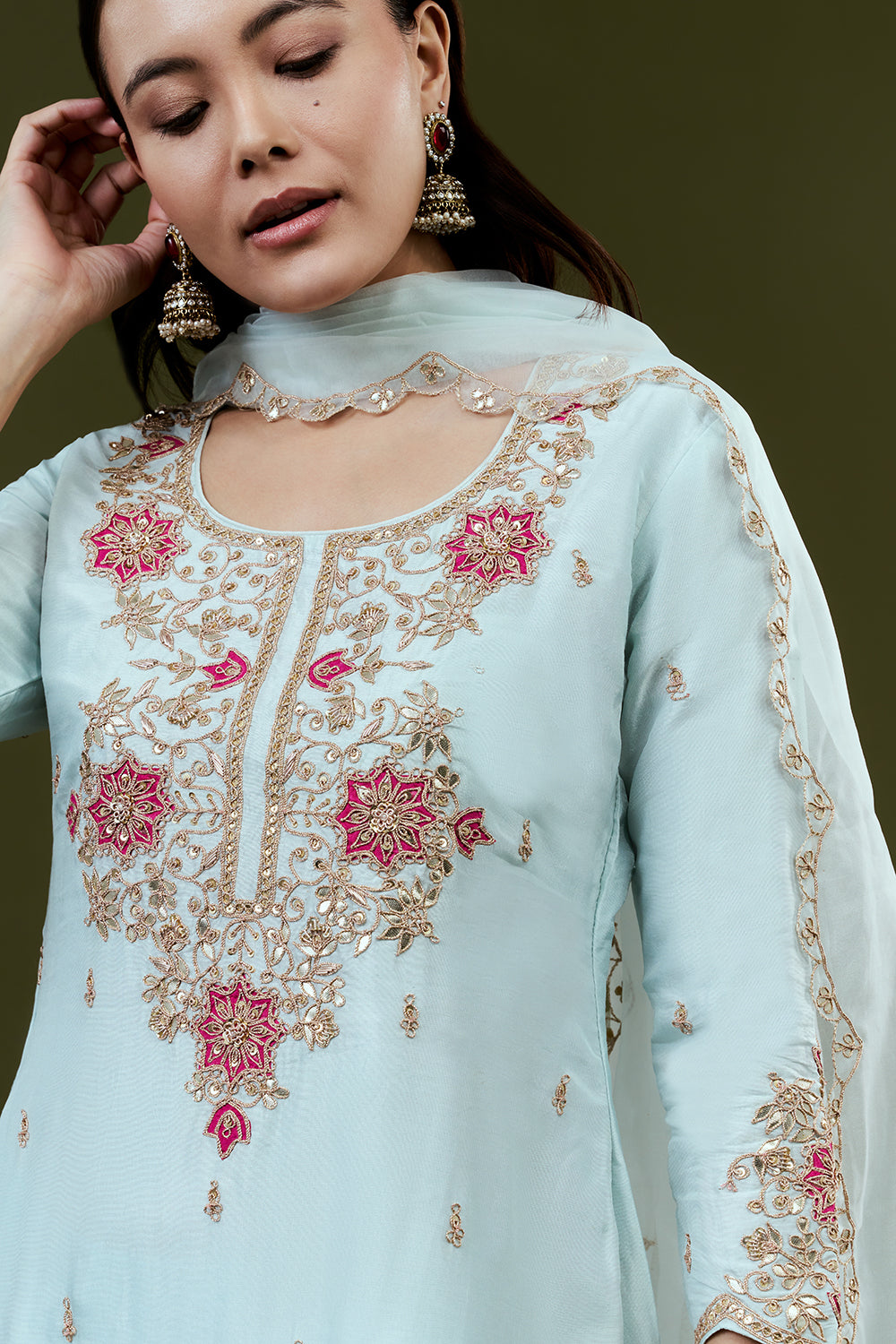 Sky Blue Art Silk Suit Set with Zardosi Work