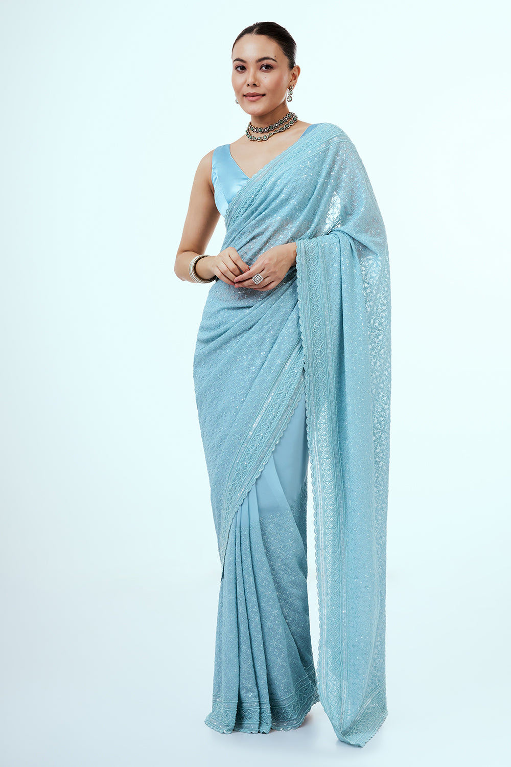 Sky Blue Georgette Saree with Hand Work