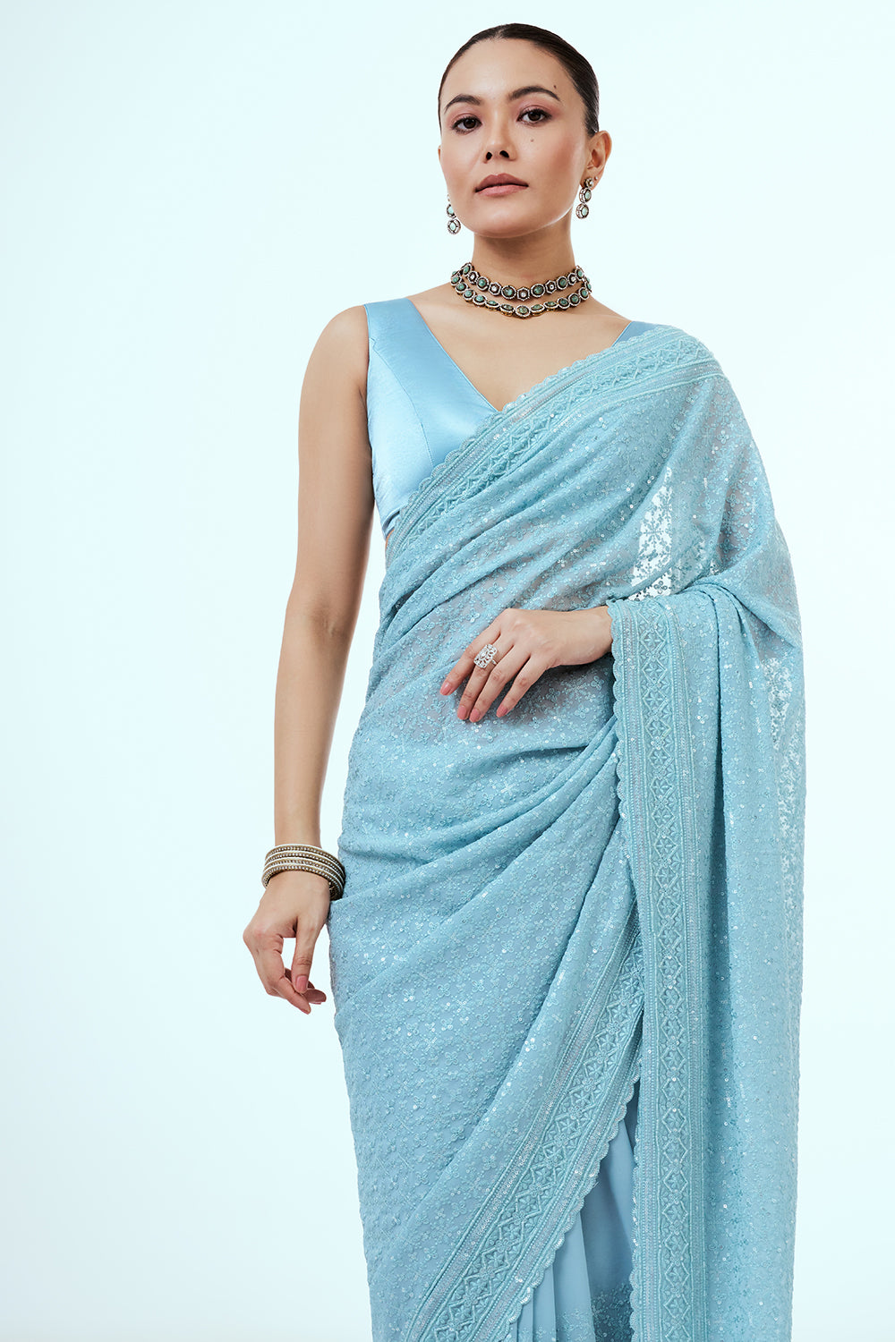 Sky Blue Georgette Saree with Hand Work