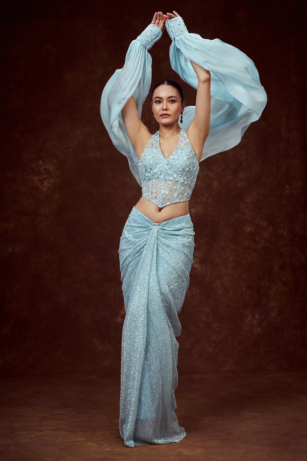 Sky Blue Indo Western Cowl Skirt with Halter Crop Top