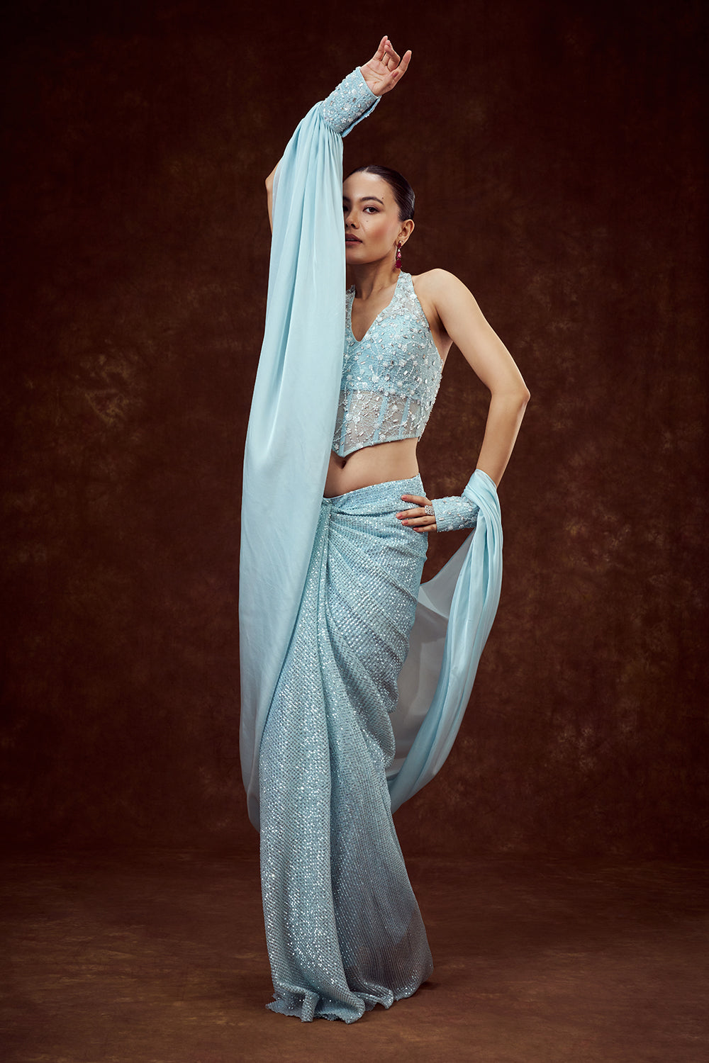 Sky Blue Indo Western Cowl Skirt with Halter Crop Top