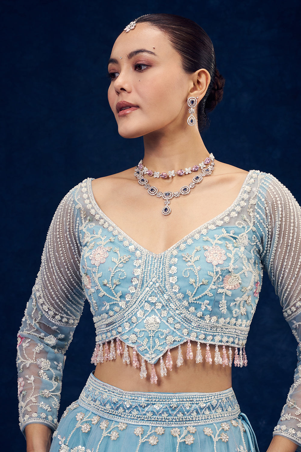 Sky Blue Net Lehenga with Cutdana and Resham Hand Work