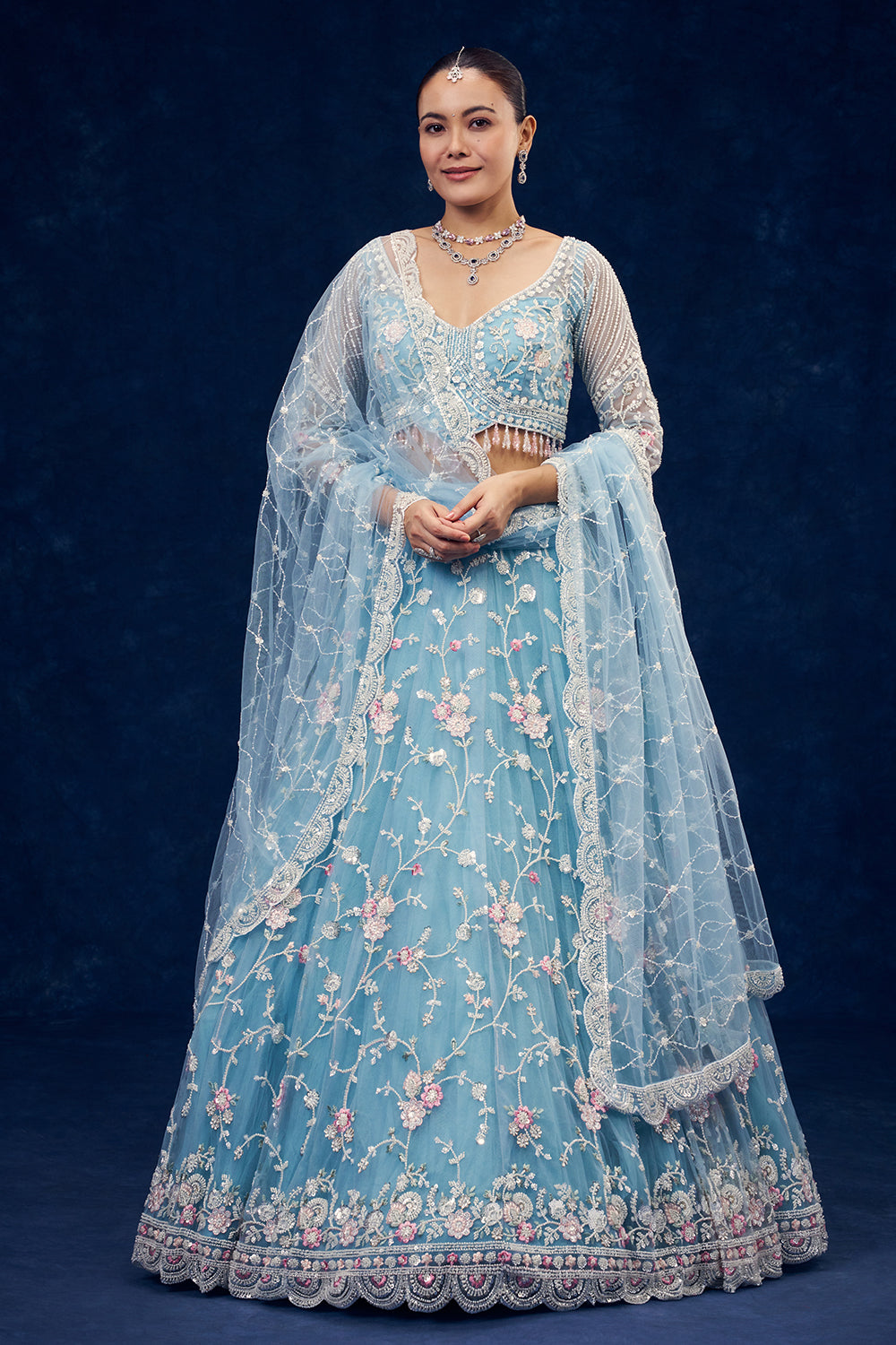 Sky Blue Net Lehenga with Cutdana and Resham Hand Work